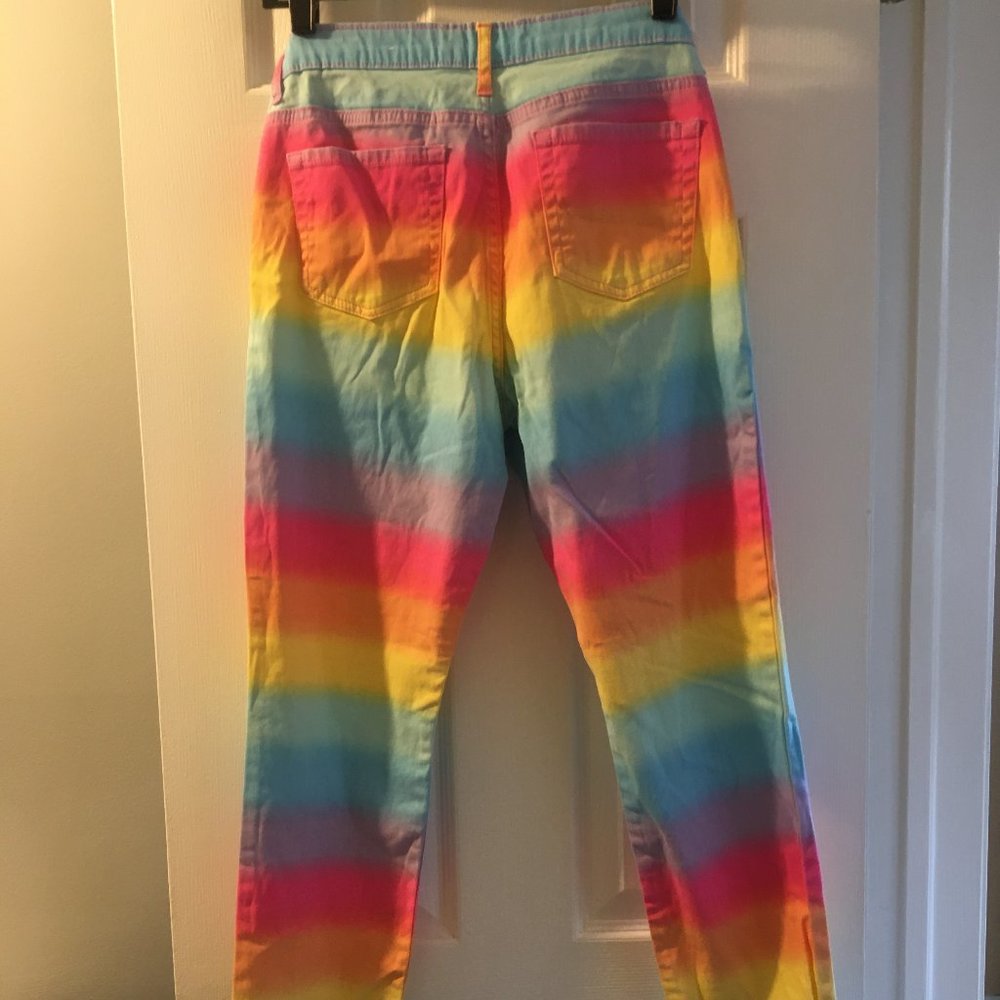 NWOT Girls Rainbow Yellow & Blue Stripe Jeans S-16 - Picture 2 of 2